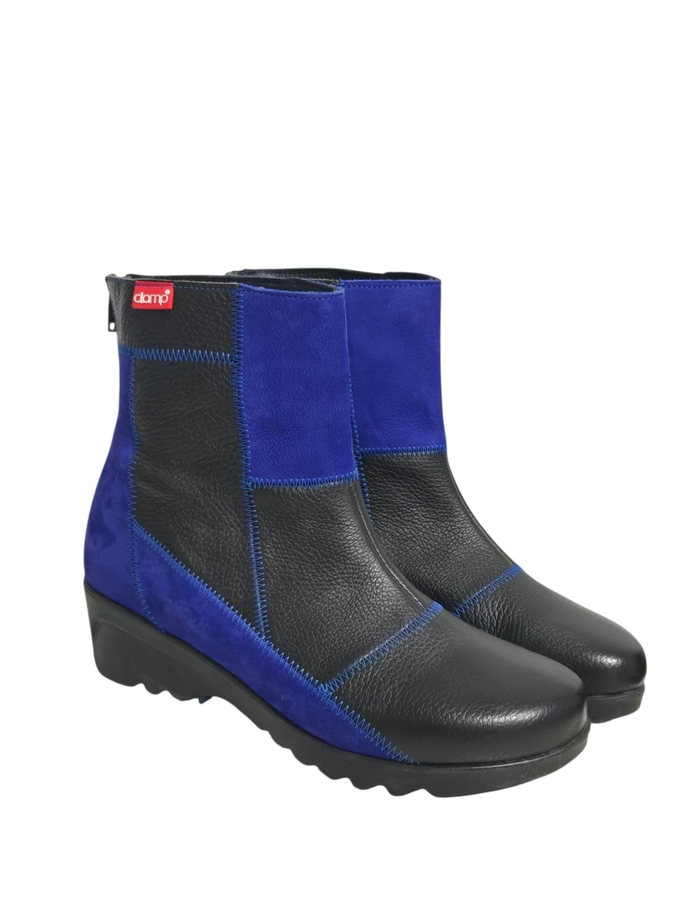 Clamp Italy Patchwork Leather Ankle Boots Blue Black Comfort Wedge EU 40